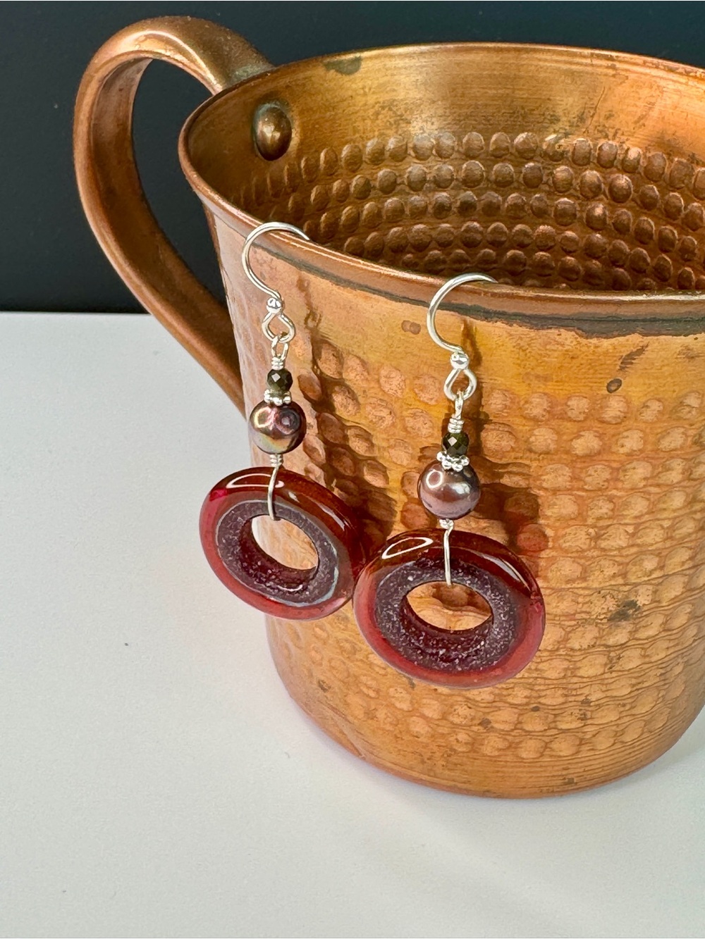 Handcrafted Red Orange Sparkle Glass Bead and Freshwater Pearl Dangle Earrings
